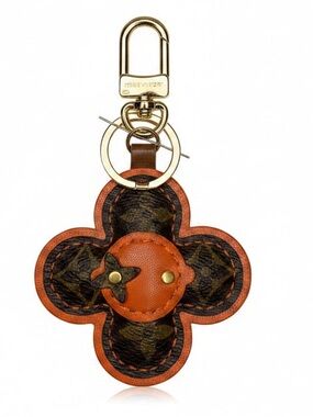 Upcycled Louis Vuitton Luxury Floral Leather Keychain - Orange & Brown